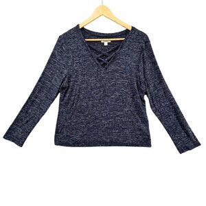 Nicole Miller Top Womens Blue Grey Long Sleeve Criss Cross V Neck Pullover Sz L